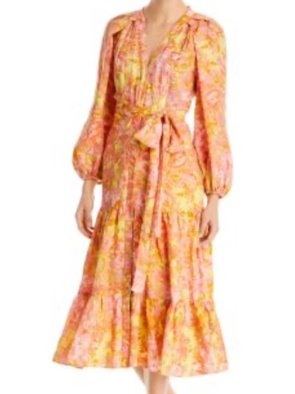 Kobi Halperin Pink and Yellow Floral Wrap Midi Dress
